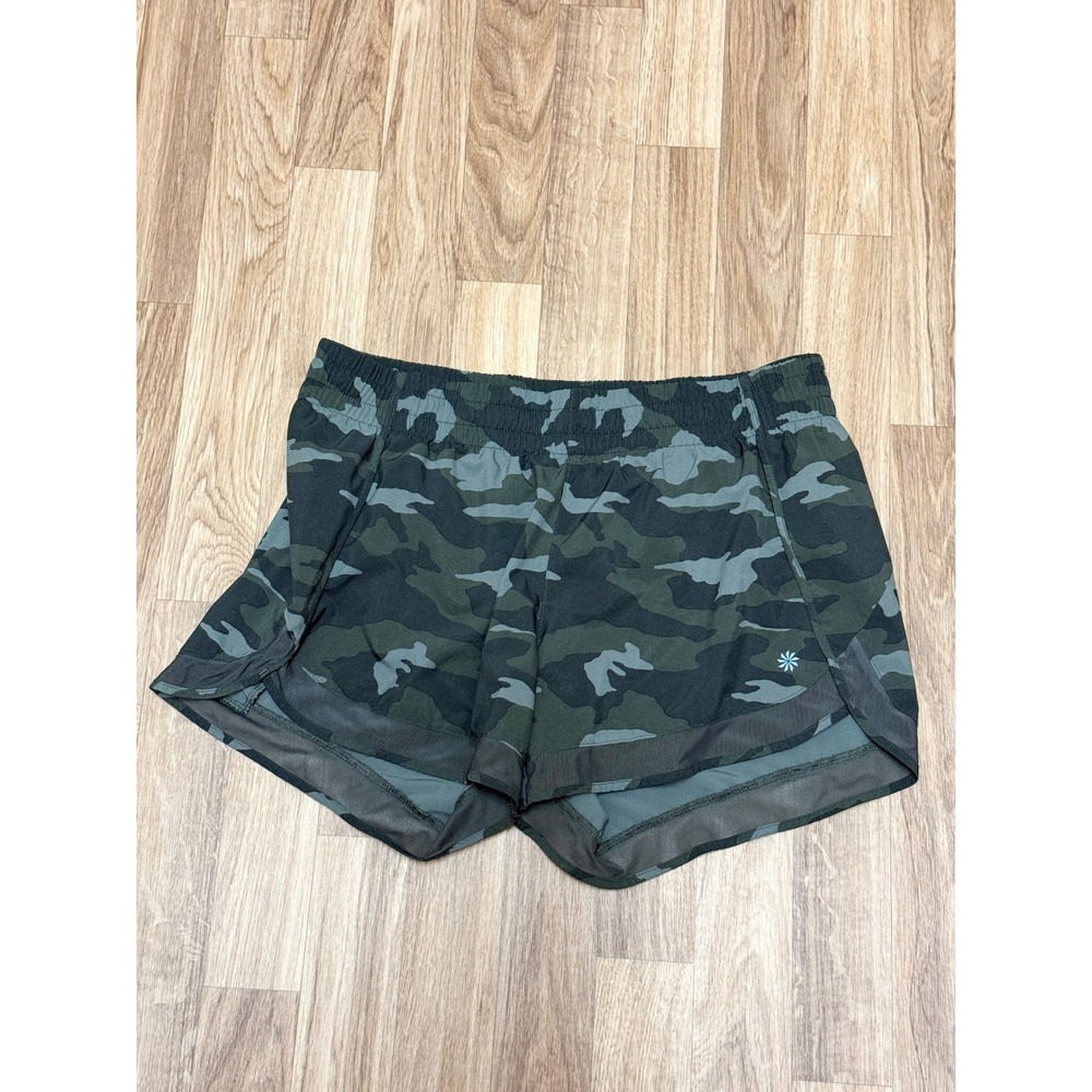Athleta Mesh Racer Run Short 4" Green Camo Performance Running Shorts Womens M